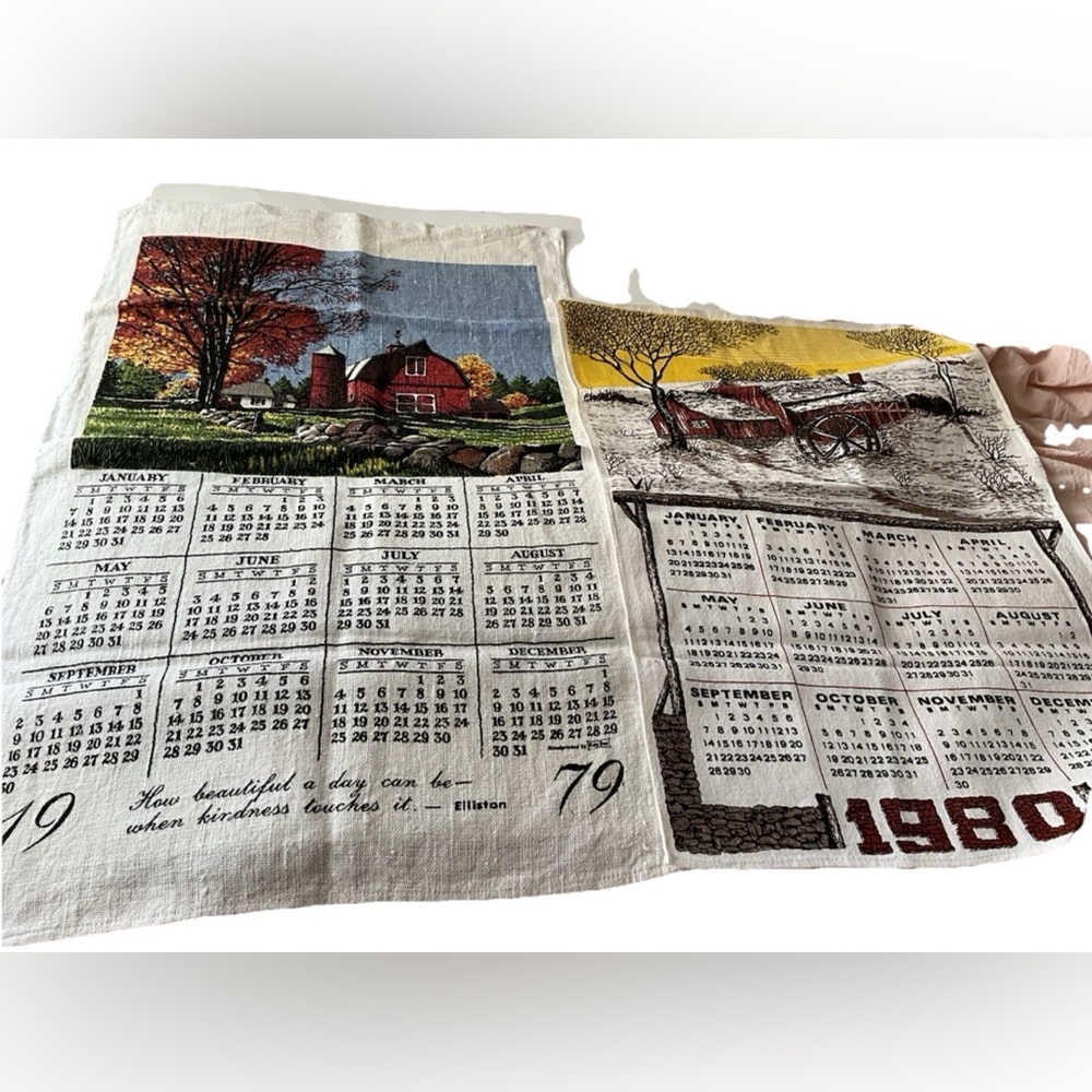 Vintage Calendar Linen Tea Towels 1979 And 1980 Country Barn Crafting Sewing